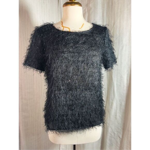 Vintage Russell Kemp Black Semi Sheer Feathered Shimmer Blouse - Size 6 - Picture 1 of 5